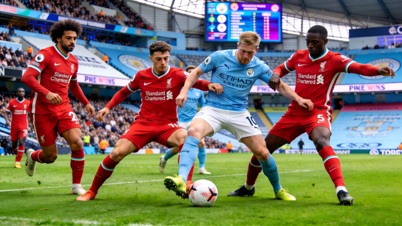 英超足球比赛直播画面，曼城与利物浦球员激烈拼抢